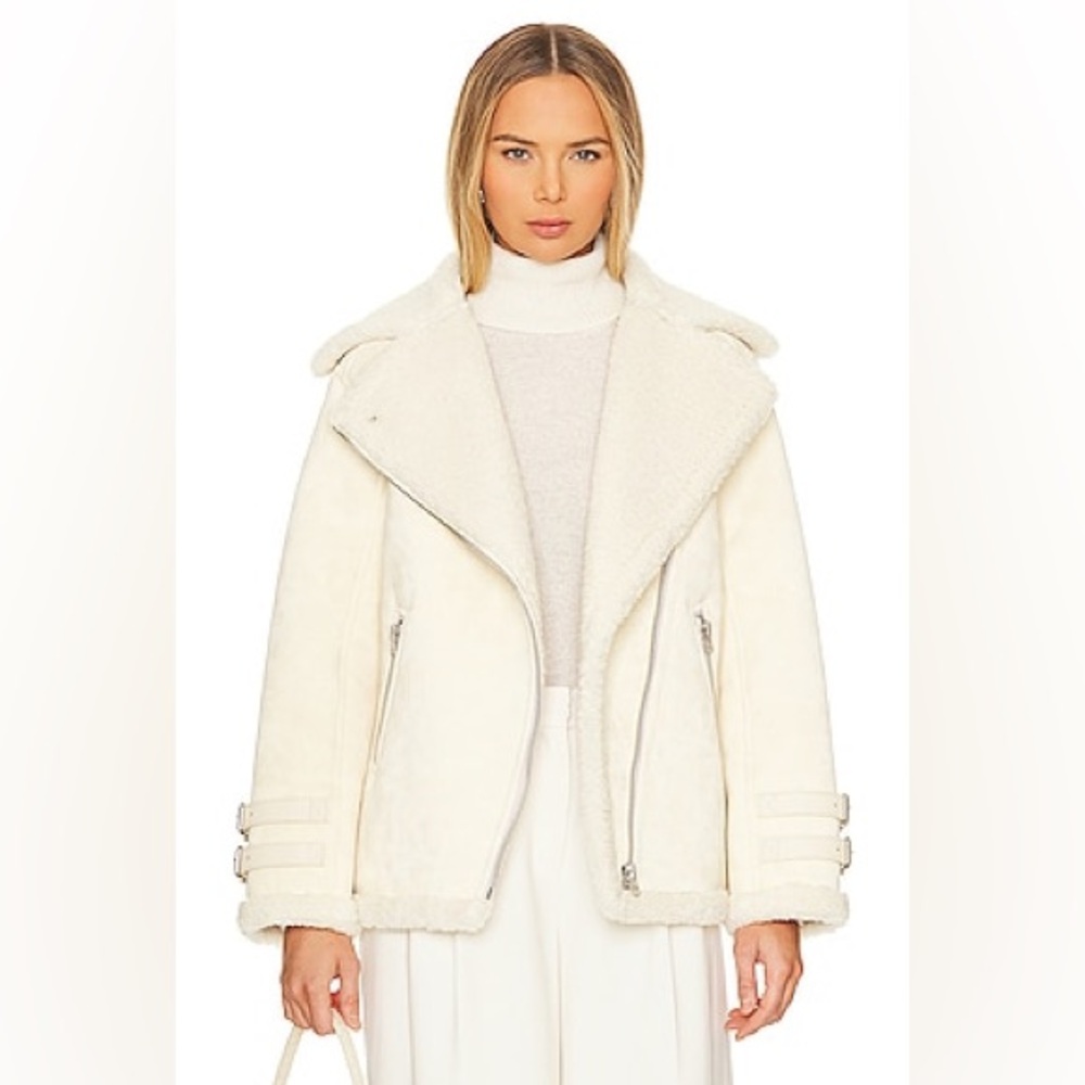NWT Lauren Ralph Lauren Teddy Faux Fur Asymmetric Moto Jacket Cream Coat Medium